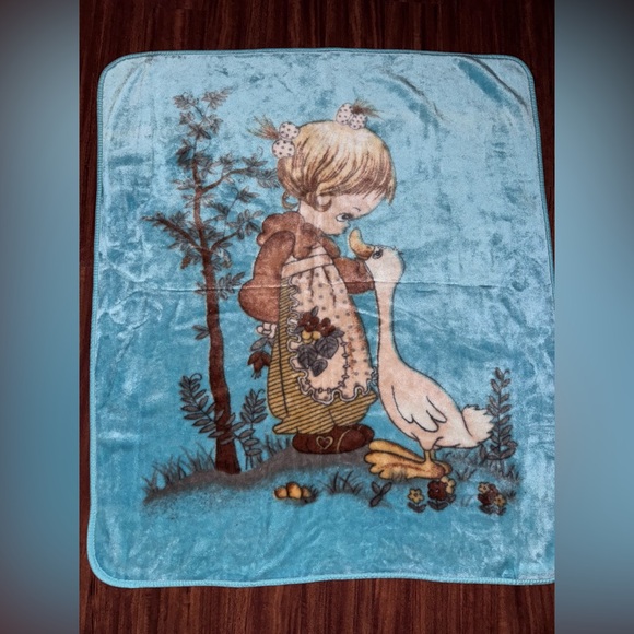 Vintage Precious Moments Blanket with Girl and Goose Design
